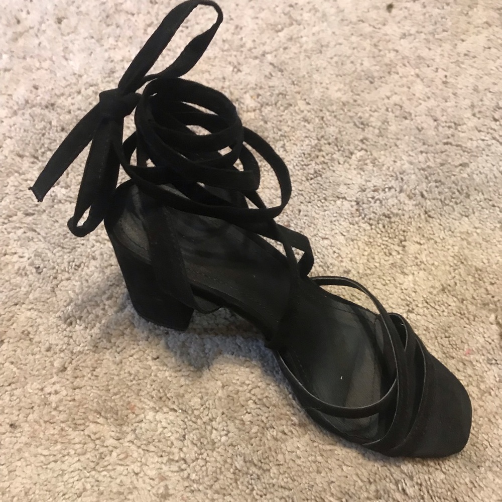 Strappy black suede block heels